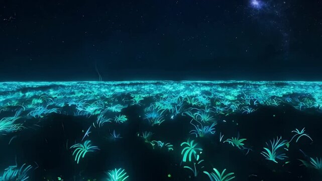 Glowing plants illuminating an alien landscape under a starry sky. This beautiful illustration is perfect as a desktop background or for any project that needs a touch of otherworldly beauty