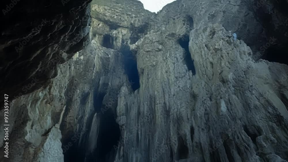 Poster the sun shines over a narrow passage between towering rocks. creating a canyon like scenery with hig