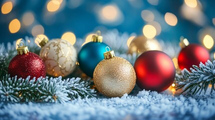 Festive Christmas tree with decorations with glittery baubles, frosted evergreen branches, illuminated by warm lights on a blur background. Merry Christmas banner and poster