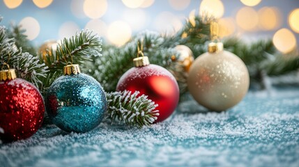 Fototapeta premium Festive Christmas tree with decorations with glittery baubles, frosted evergreen branches, illuminated by warm lights on a blur background. Merry Christmas banner and poster