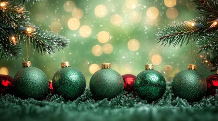 Festive Christmas tree with decorations with glittery baubles, frosted evergreen branches, illuminated by warm lights on a blur background. Merry Christmas banner and poster
