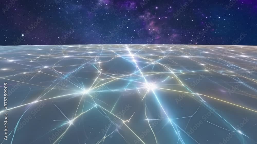 Aufkleber Glowing lines and points of light form a network over a dark surface, suggesting technological connections against a backdrop of stars
