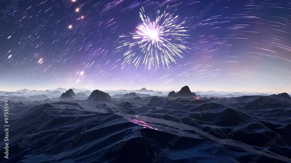 Poster Showing a barren, rocky landscape with a starry sky full of star trails, depicting the rotation of an earth like planet in deep space