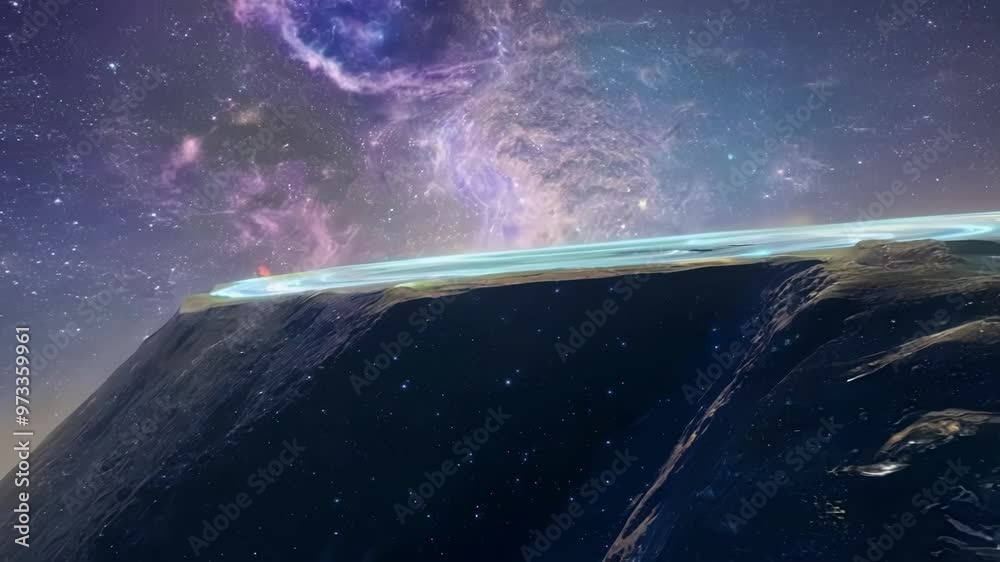 Poster Beautiful view of the edge of the world with a luminous atmosphere and swirling galaxy, perfect for illustrating concepts of space, exploration, and the unknown