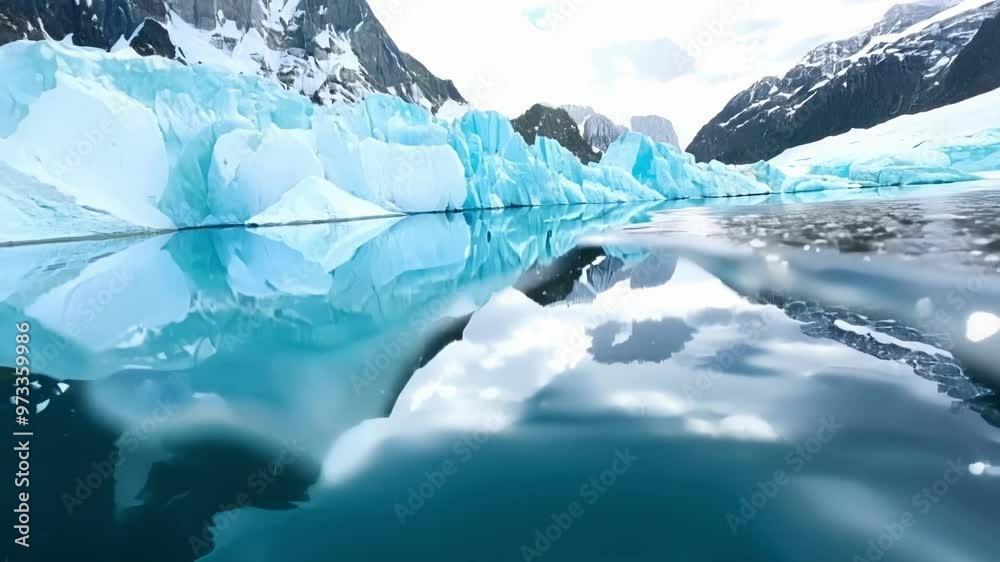 Poster split view of a turquoise glacier reflecting in the water, showcasing the beauty and tranquility of 