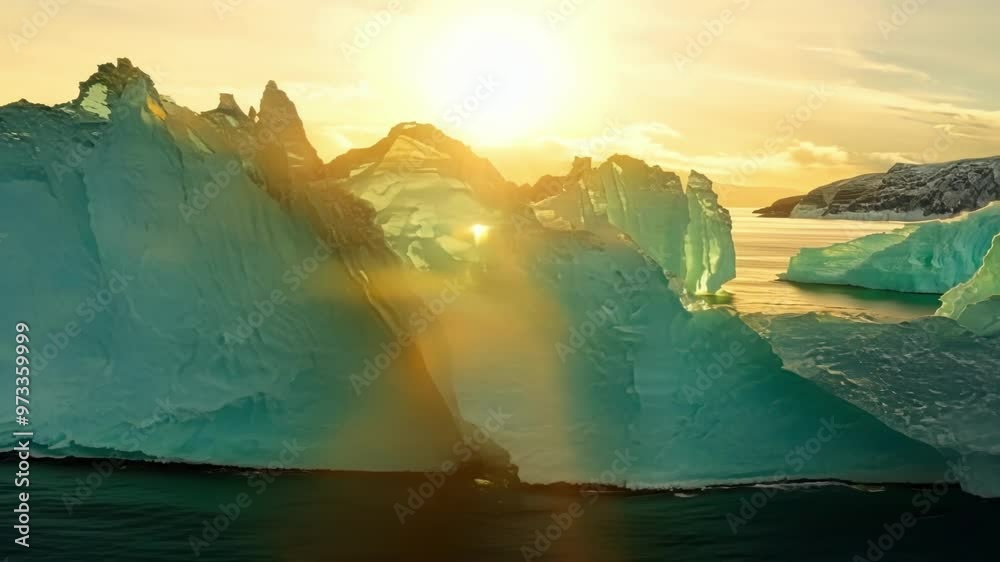 Poster turquoise icebergs glow in the setting sun, casting shadows on the water in a remote iceberg lagoon