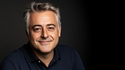 Obraz premium A well-fitted navy polo shirt accentuates the collar and sleeve on a man with short hair, captured against a sleek dark grey background with elegant studio lighting