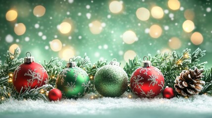 Festive Christmas tree with decorations with glittery baubles, frosted evergreen branches, illuminated by warm lights on a blur background. Merry Christmas banner and poster