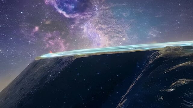 Beautiful view of the edge of the world with a luminous atmosphere and swirling galaxy, perfect for illustrating concepts of space, exploration, and the unknown