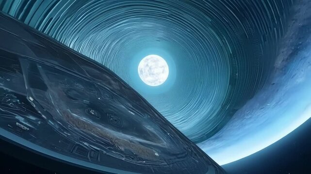 Futuristic spaceship corridor leads to a massive window showing the moon. The scene blends space and technology, with sleek modern design and blue light. Perfect for sci fi fans