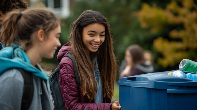 A group of students enthusiastically engages in a recycling activity at school, sorting materials and learning about environmental responsibility in the classroom - Powered by Adobe