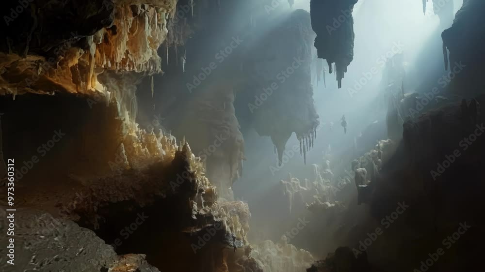 Poster sunbeams are lighting a misty cave filled with stalactites and stalagmites, creating a magical and m