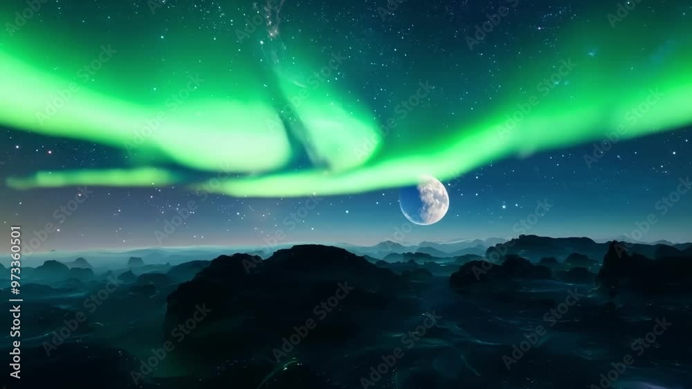Poster green aurora borealis lights up an alien planet with mountains and a cratered moon in the starry nig