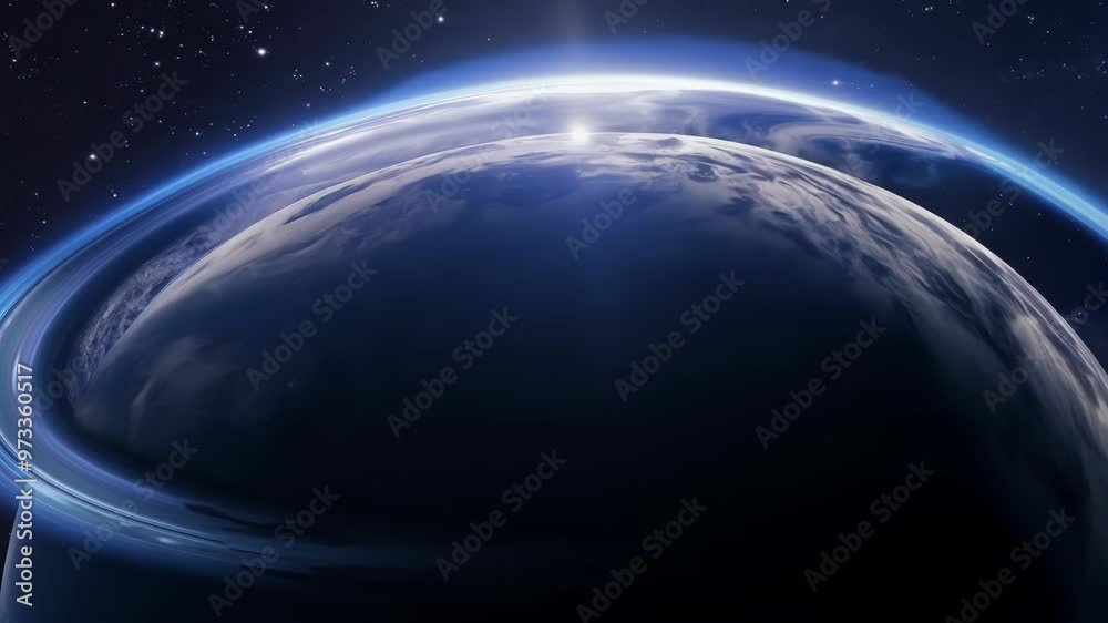 Poster mesmerizing image of a blue planet with rings, glowing as the sun rises over its horizon, evoking wo