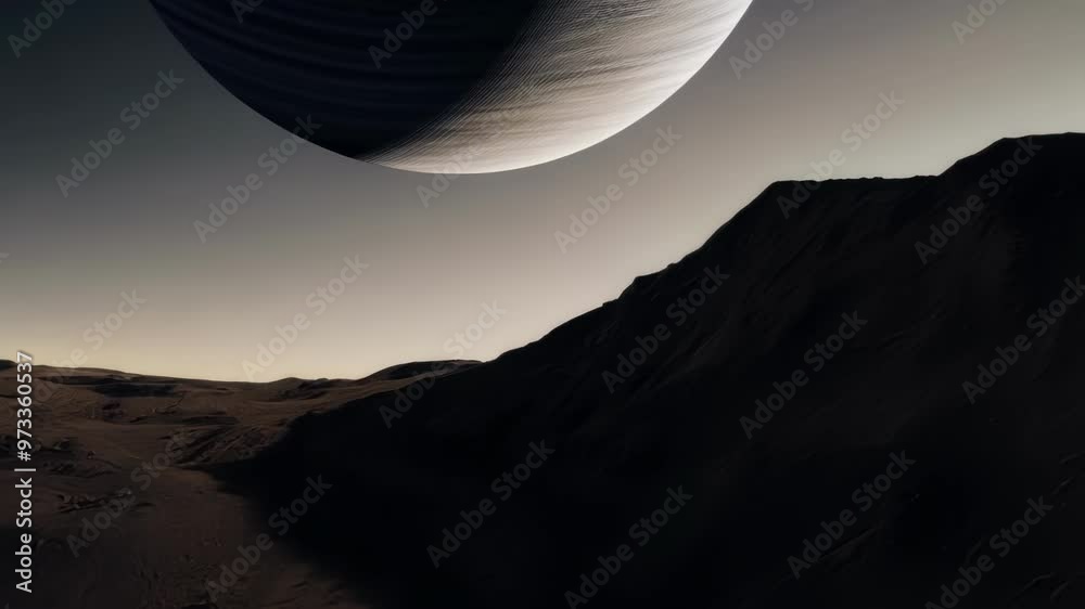 Poster Giant planet with swirling clouds is partially obscuring the sky over a barren and rocky landscape. This evokes themes of space exploration, colonization, and the search for life on other planets