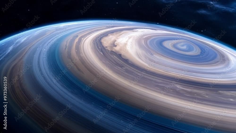 Poster abstract exoplanet rotates in space, with mesmerizing rings and a captivating blue atmosphere, evoki
