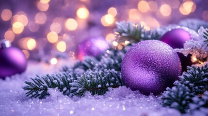Festive Christmas tree with decorations with glittery baubles, frosted evergreen branches, illuminated by warm lights on a blur background. Merry Christmas banner and poster