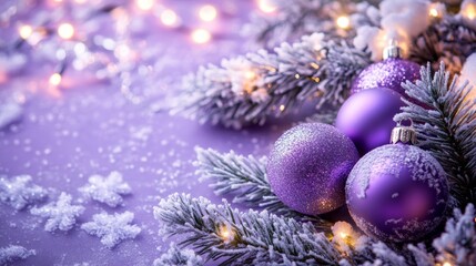 Festive Christmas tree with decorations with glittery baubles, frosted evergreen branches, illuminated by warm lights on a blur background. Merry Christmas banner and poster
