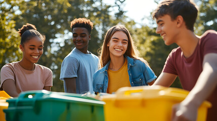 A group of students enthusiastically engages in a recycling activity at school, sorting materials and learning about environmental responsibility in the classroom