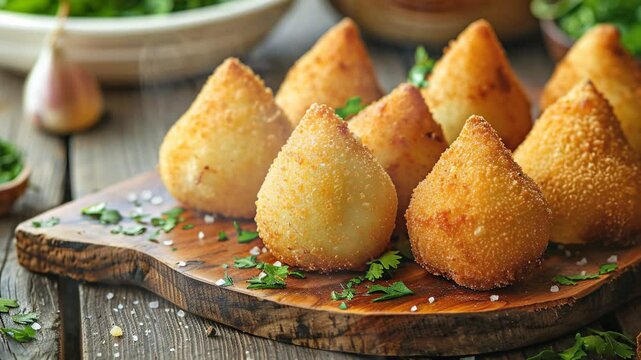 Coxinha on the table, traditional brazilian food moves with smoke around