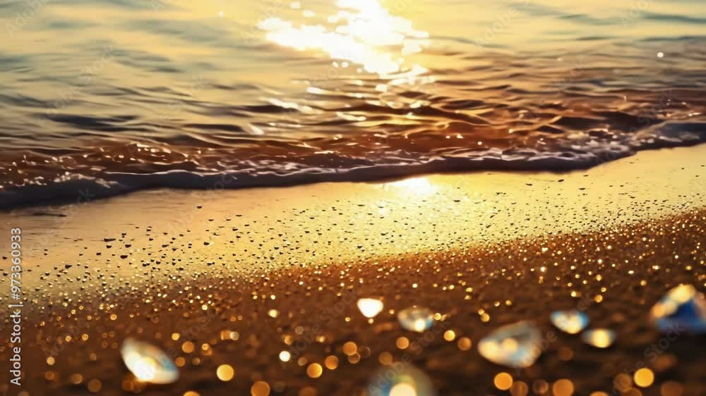 Poster The golden sunset glows on ocean waves. Creating a mesmerizing bokeh effect dancing along the serene beach. Perfect for a romantic getaway or peaceful vacation in paradise