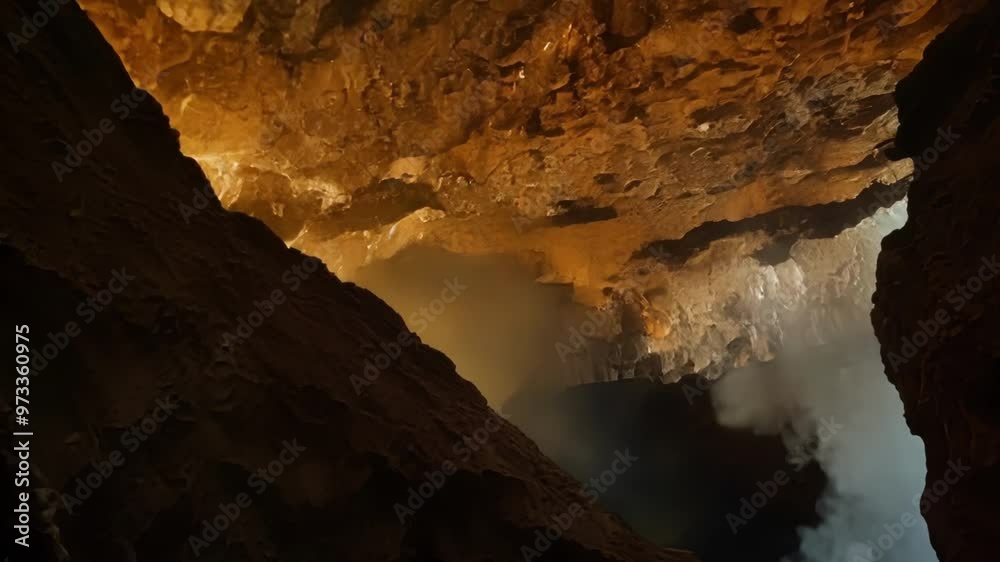 Poster sunlight is illuminating the mouth of a cave as seen from deep inside, creating a mystical and awe i