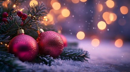 Festive Christmas tree with decorations with glittery baubles, frosted evergreen branches, illuminated by warm lights on a blur background. Merry Christmas banner and poster