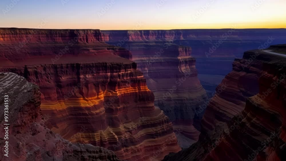 Poster warm sunlight is illuminating the colorful layers of rock formations in a canyon landscape, creating