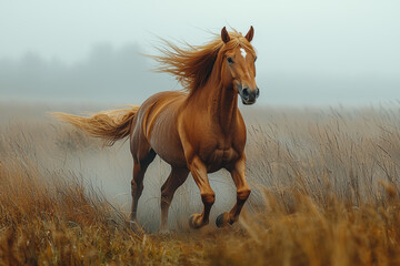 Obraz premium A horse galloping across an open field, its mane and tail flowing in the wind. Concept of freedom and dynamic strength.