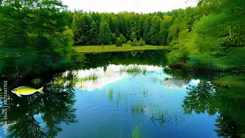 Poster Serene lake reflects lush green trees under a sunny sky, creating a tranquil scene in nature