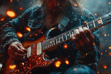 Obraz premium A guitarist strumming power chords, the strings vibrating in dynamic rhythm. Concept of music and energetic performance.