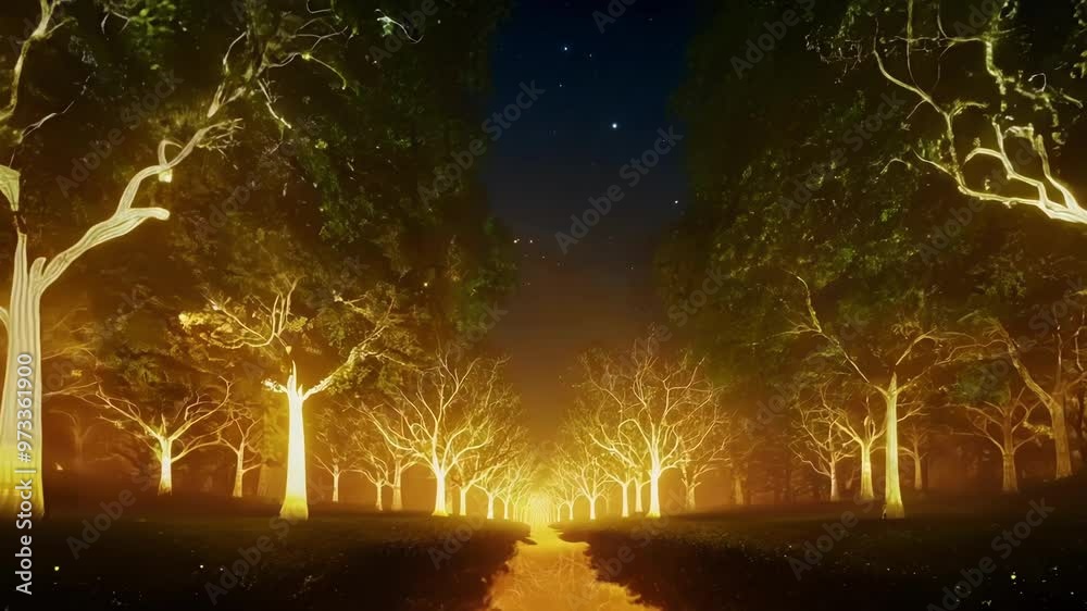 Poster serene river flows through a glowing forest under a starry night sky, creating a magical and mysteri