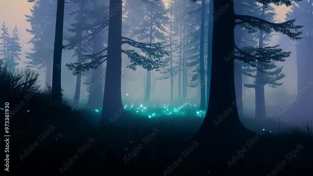 Poster turquoise lights illuminating a clearing in a dark forest shrouded by fog, creating a magical and my