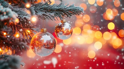 Fototapeta premium Festive Christmas tree with decorations with glittery baubles, frosted evergreen branches, illuminated by warm lights on a blur background. Merry Christmas banner and poster