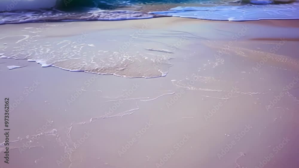Poster Gentle waves are lapping on the sand of a pristine beach, creating a soothing and tranquil atmosphere. The soft pastel colors of the image evoke a sense of peace and serenity