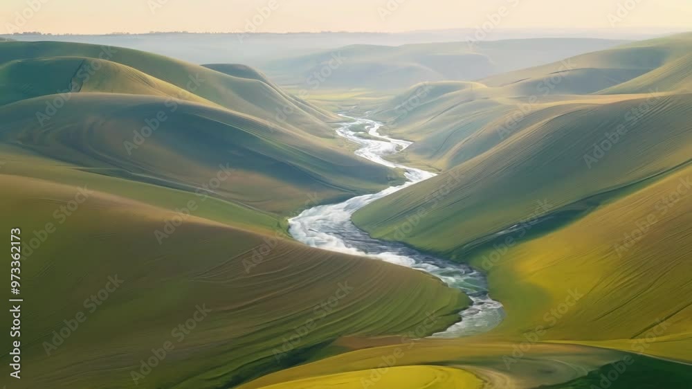 Poster serene river winds through rolling farmland, creating tranquility in the vast landscape at sunset. t