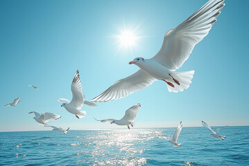 Obraz premium A flock of birds flying in a synchronized pattern across a clear blue sky. Concept of harmony and peaceful movement.