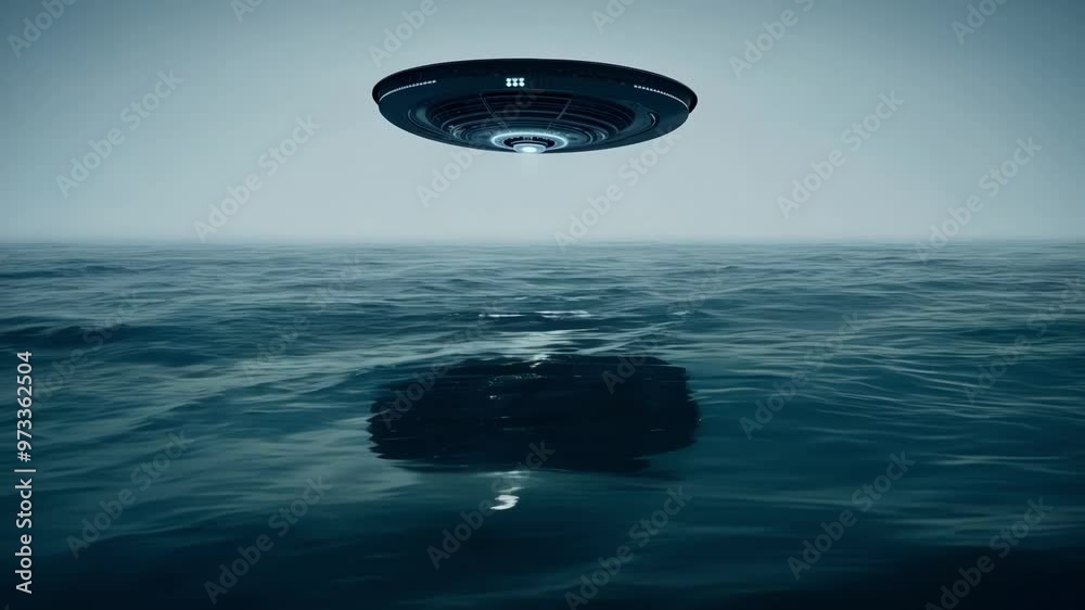 Aufkleber Mysterious ufo hovers above the ocean, creating an eerie scene. The sci fi element sparks thoughts of alien life and space exploration, igniting curiosity