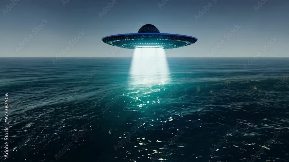Poster Large, unknown object is hovering over a dark ocean emitting a beam of turquoise light. This mysterious object may be from outer space