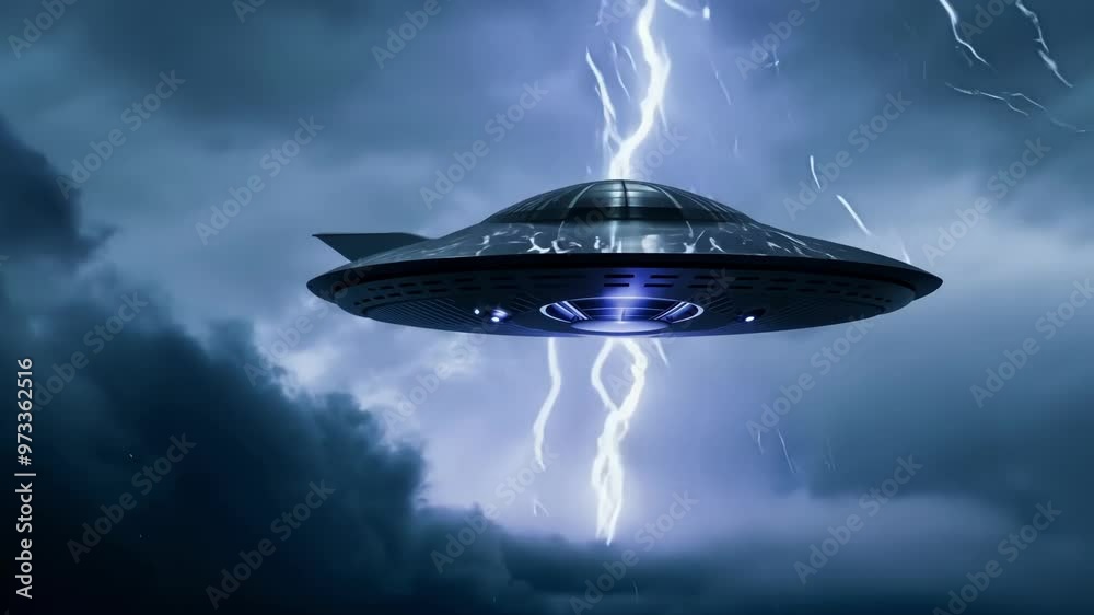 Poster Classic ufo is hovering in a stormy sky as lightning strikes behind it. The image evokes a sense of mystery and wonder
