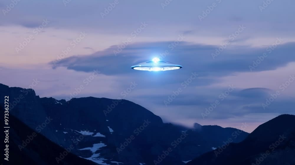 Poster Mysterious, glowing unidentified flying object is hovering in the sky over a mountain landscape. The sky is a beautiful twilight purple and blue