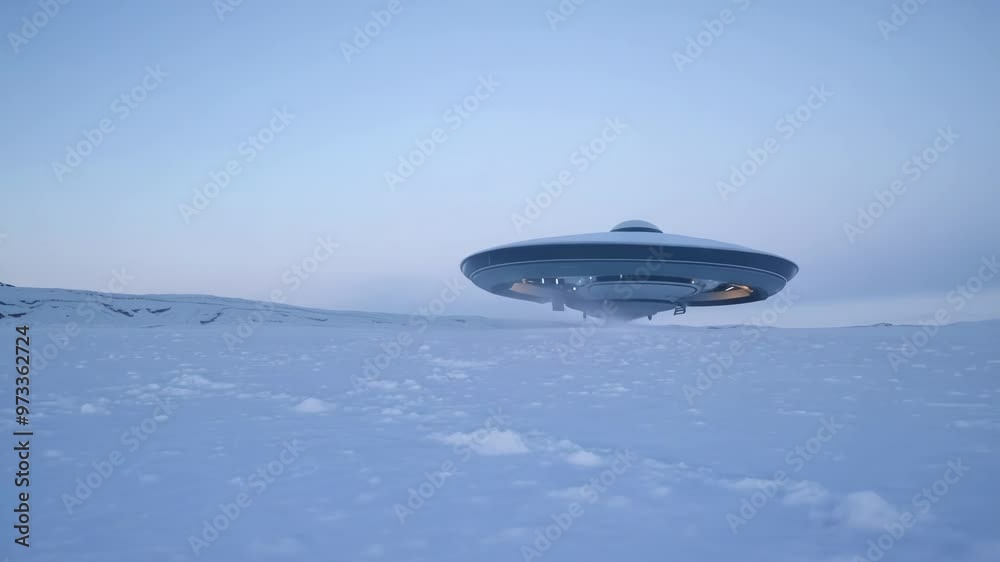 Poster Silver ufo lands on a snowy plain, creating a mysterious atmosphere
