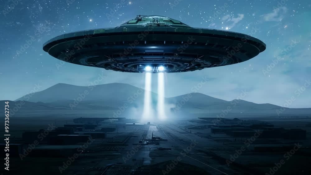 Poster Large alien spaceship is hovering over an empty research facility in a desolate landscape at night. The spaceship is emitting a bright light that is illuminating the ground below