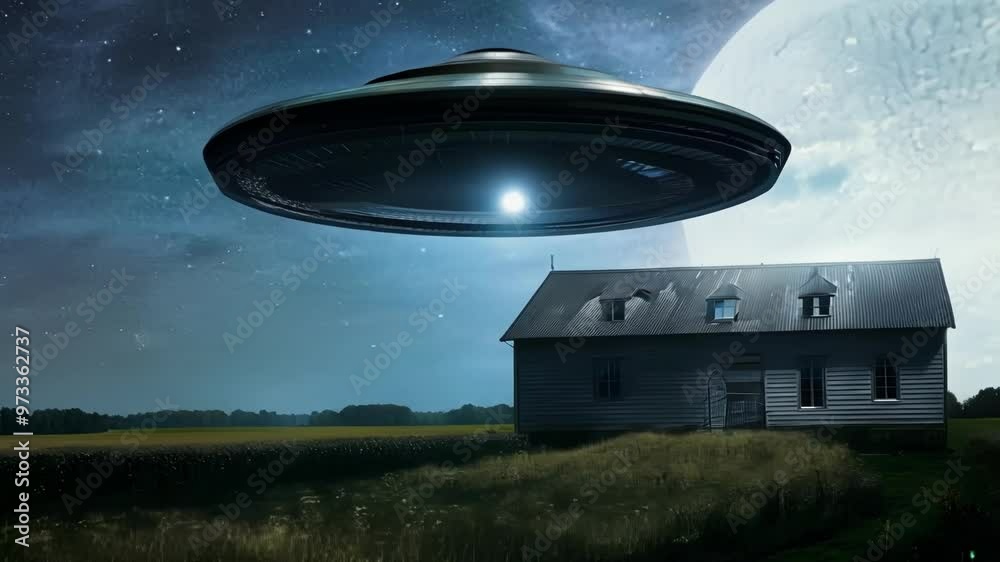 Poster Large, gray, unidentified flying object is hovering over a farmhouse at night, shining a bright light on the fields below