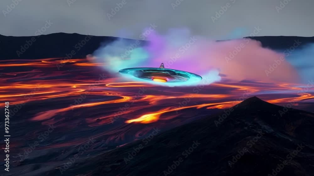 Poster Otherworldly spaceship glides through the night sky. Casting an eerie glow on the stunning landscape below with lava cascading from an erupting volcano