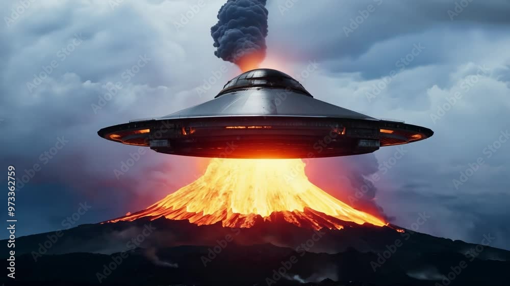 Poster Large alien spaceship is flying over an erupting volcano, with smoke and lava spewing into the sky. The scene is set against a dramatic cloudscape