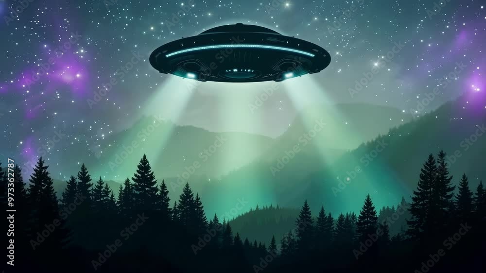 Poster Ufo is hovering at night over a forest with its lights illuminating the trees and mountains in the background. The starry sky suggests we are looking at outer space
