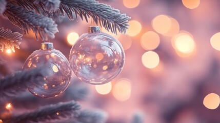 Fototapeta premium Festive Christmas tree with decorations with glittery baubles, frosted evergreen branches, illuminated by warm lights on a blur background. Merry Christmas banner and poster