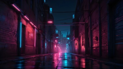 Fototapeta premium Neon lights in pink and blue on a city alley. city street in a neo-noir pink and blue design. neon lights in a pink and blue gradient, reminiscent of a cyberpunk alleyway. Artificial Intelligence