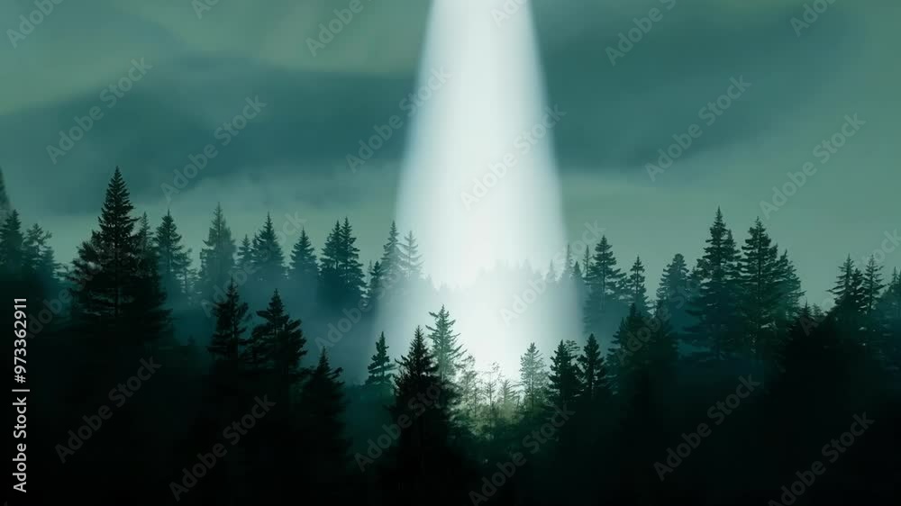 Poster Mysterious spaceship hovers over a dark forest at night, casting a powerful beam of light, creating an eerie and suspenseful atmosphere